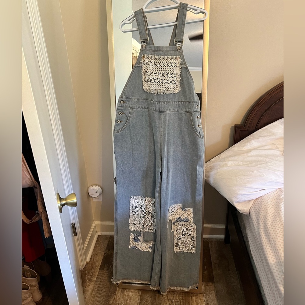 POL Gray Denim Jumpsuit with Lace Accents